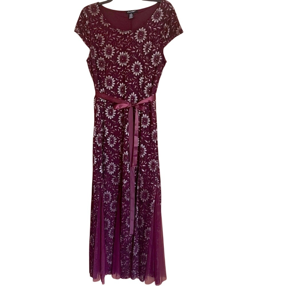 Candalite Womens XL Burgundy Floral Lace Glitter MaxiDress Cap Sleeve Ribbon Tie